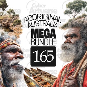 Puede incluir: Ilustración digital de dos hombres aborígenes australianos con vestimenta tradicional y canoas. La imagen incluye el texto "Aboriginal Australia Mega Bundle 165" en fuente negra.
