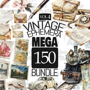 MEGA PAQUETE Colección de imágenes prediseñadas Vintage Ephemera Vol. 4: viaje, carta, flores, marco, patrón para álbumes de recortes, diarios basura y sublimación