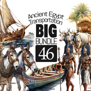 GROSSES BUNDLE Altägyptisches Transport-Aquarell-Clipart-Set – Boote, Esel und Ochsen für Scrapbooking, Junk Journaling und Papierhandwerk