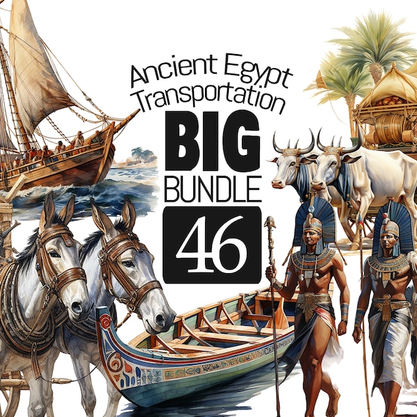 BIG BUNDLE Ancient Egyptian Transportation Watercolor Clipart Set - Boats, Donkeys & Ox for Scrapbooking, Junk Journaling, and Paper Crafts