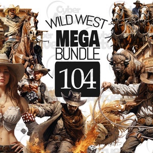 GROßES Bundle Wild West Aquarell Clipart: Cowboys, Revolverhelden, Sherrif und Glücksspiel für Scrapbook, Junk Journal, Papierhandwerk