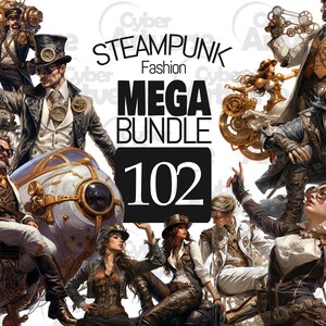 May include: A collection of 102 steampunk fashion illustrations featuring characters in elaborate costumes with gears, goggles, and other mechanical elements. The illustrations are in a variety of styles and feature both male and female characters.