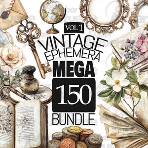MEGA PAQUETE Colección de imágenes prediseñadas Vintage Ephemera Vol. 1: libro, carta, flores, marco, patrón para álbumes de recortes, diarios basura y sublimación