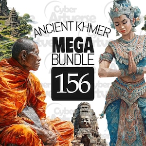 May include: Digital art featuring a seated monk in orange robes and a woman in traditional blue and gold attire with hands in prayer. The image includes ancient Khmer architecture and the text "ANCIENT KHMER MEGA BUNDLE 156."