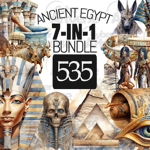 535 PNGs 7 en 1 Conjunto de imágenes prediseñadas de acuarela del Antiguo Egipto: pirámides, faraones, cerámica para álbumes de recortes, diarios basura y manualidades de papel