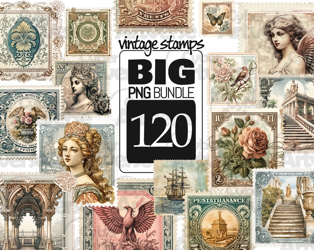 Vintage Postage Stamps Clipart: 120 PNG Bundle for Junk Journals ...