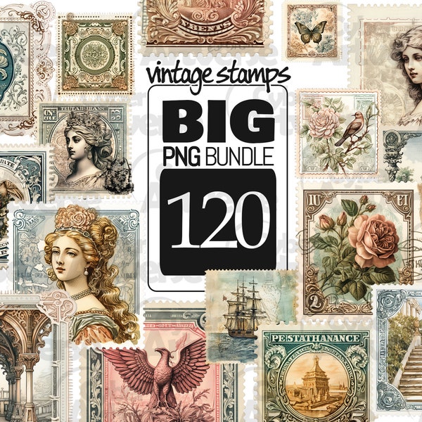 PNG Vintage Postage Stamps Clipart BIG Bundle - Old, Classic, Charming stamps for Scrapbook, Junk Journal, Paper Crafts