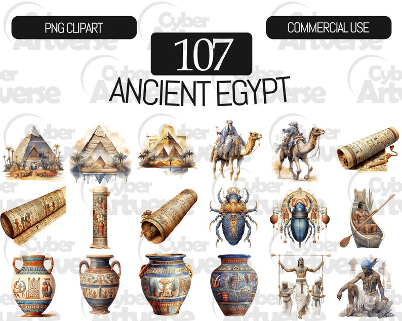 Ancient Egypt Watercolor Clipart Set: Pyramids, Pharaohs (107 PNG Files ...