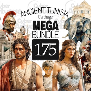 MEGA BUNDLE Conjunto de clipart em aquarela de Cartago antigo - Tunísia antiga, Hannibal e elefantes de guerra para scrapbooking, Junk Journal, Sublimação