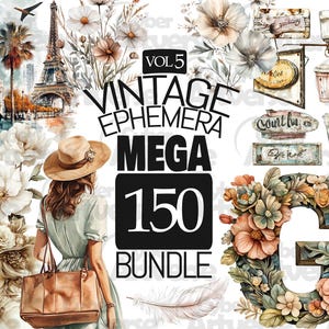MEGA PAQUETE Colección de imágenes prediseñadas Vintage Ephemera Vol. 5: viaje, carta, flores, marco, patrón para álbumes de recortes, diarios basura y sublimación