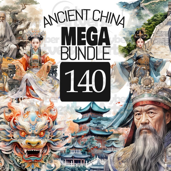MEGA BUNDLE Ancient China Watercolor Clipart Set - Emperors, Pagodas, Kung-Fu, Bridges for Scrapbooking, Junk Journaling, and Paper Crafts