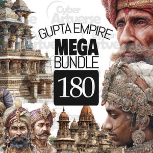 Pode incluir: Arte digital com retratos de homens em trajes tradicionais indianos, juntamente com ilustrações arquitetônicas. A imagem inclui o texto "Gupta Empire Mega Bundle 180". A paleta de cores inclui tons quentes de vermelho, dourado e castanho.