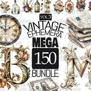 MEGA BUNDLE Vintage Ephemera Vol.3 Collection Clipart Set - Nota, Lettera, Floreale, Cornice, Motivo per Scrapbook, Junk Journal e Sublimazione