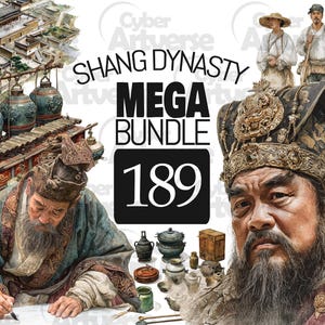 Może przedstawiać: Cyfrowa grafika przedstawiająca ilustracje i grafiki z dynastii Shang. Obraz zawiera portret mężczyzny w tradycyjnym stroju, a także różne artefakty i elementy architektoniczne. Tekst brzmi "Shang Dynasty Mega Bundle 189."