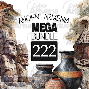 May include: An image featuring ancient Armenian architecture and pottery. The text "Ancient Armenia Mega Bundle 222" is displayed. The image includes stone statues, buildings, and decorative vases with intricate designs.