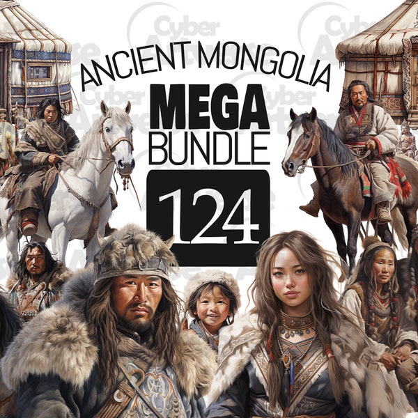 MEGA BUNDLE Ancient Mongolia Watercolor Clipart Set - Tribes, Horses, Intricate Textiles for Scrapbooking, Junk Journaling, and Paper Crafts