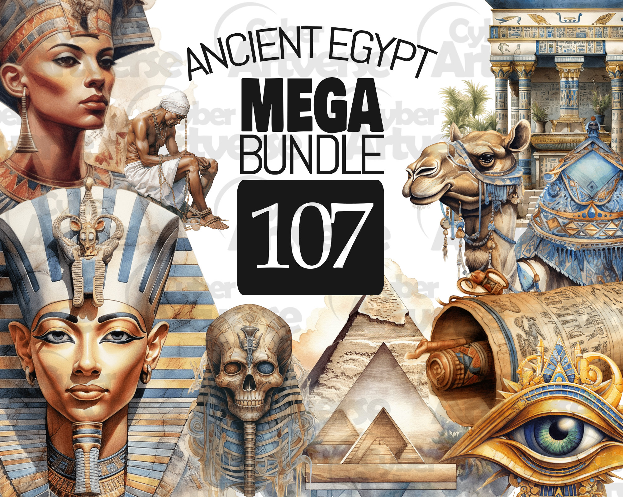 Ancient Egypt Watercolor Clipart Set: Pyramids, Pharaohs (107 PNG Files ...
