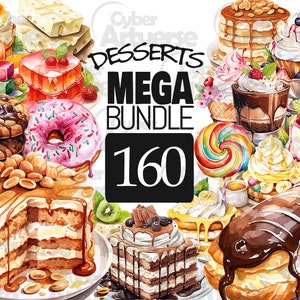 Op de afbeelding: Een aquarel-illustratie van 160 verschillende desserts, waaronder taarten, donuts, gebak, koekjes en ijs. De afbeelding heeft de titel "Cyber Arts Desserts Mega Bundle 160".
