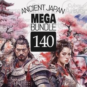 MEGA BUNDLE Antikes Japan Aquarell Clipart Set - Samurai, Katana, Tempel & Origami für Scrapbooking, Junk Journaling und Papierhandwerk