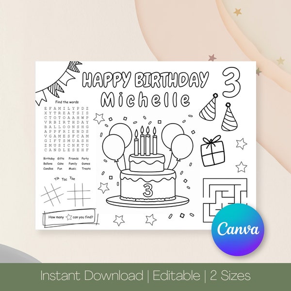 Custom Birthday Coloring Placemat Activity Sheet, Printable Coloring Page, Instant Download, Personalized Editable Printable Template Canva