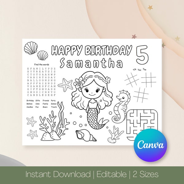 Mermaid Birthday Coloring Placemat Activity Sheet, Kids Coloring Page, Instant Download, Personalized Editable Printable Template