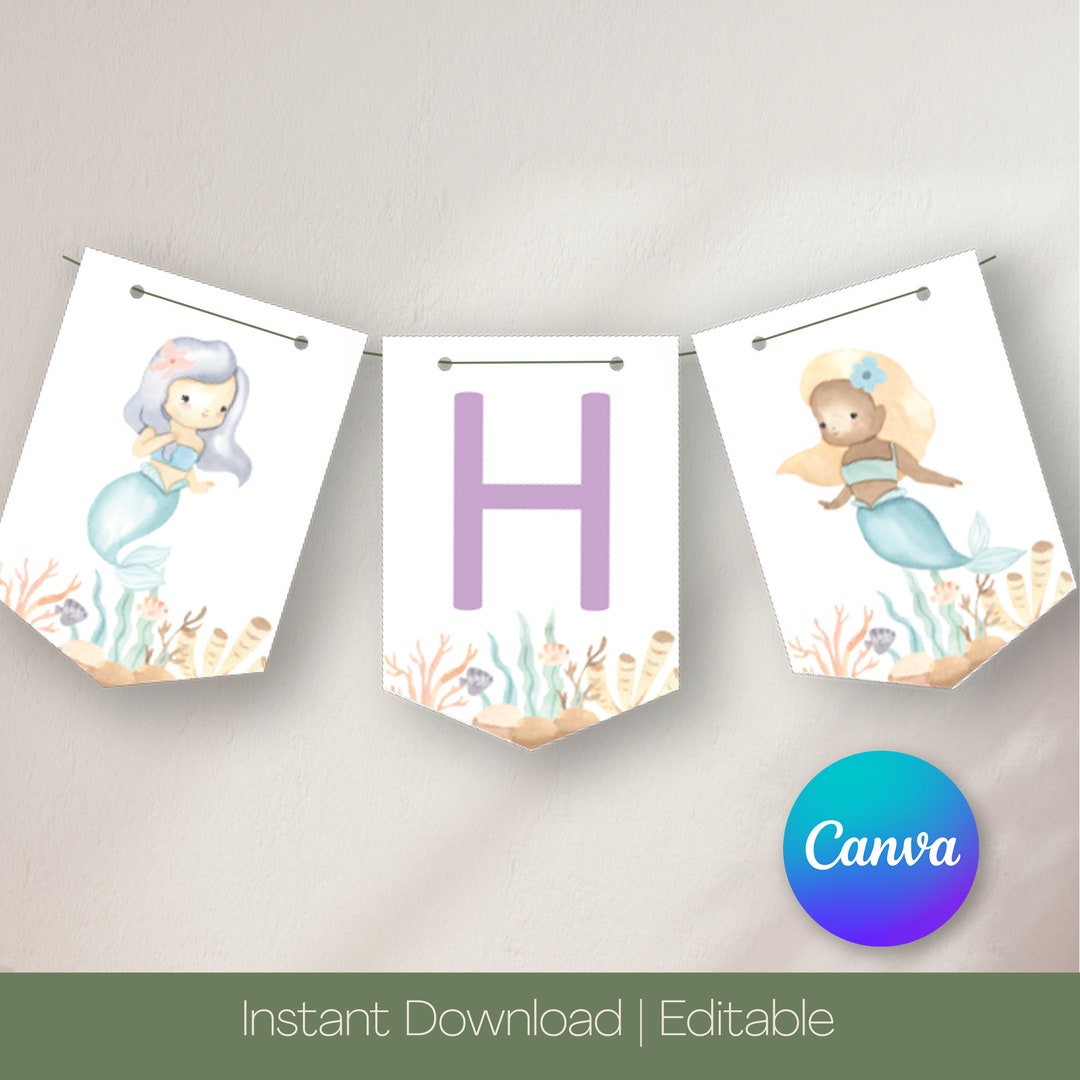 Mermaid Birthday Banner Template, Editable Mermaid Baby Shower Banner ...