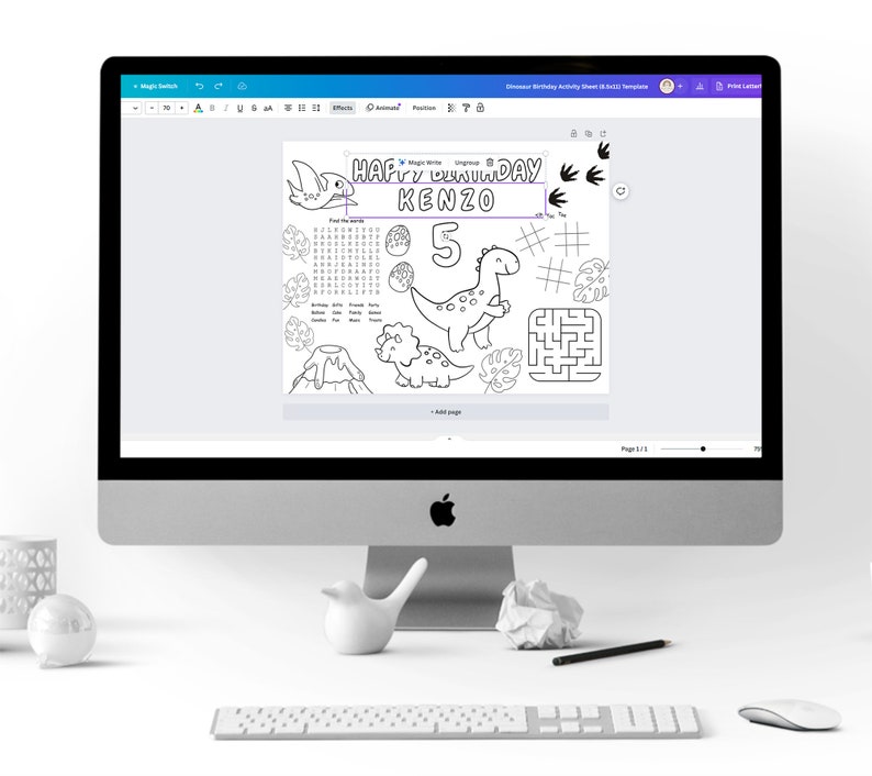 Dinosaur Birthday Coloring Placemat Activity Sheet, Printable Coloring ...
