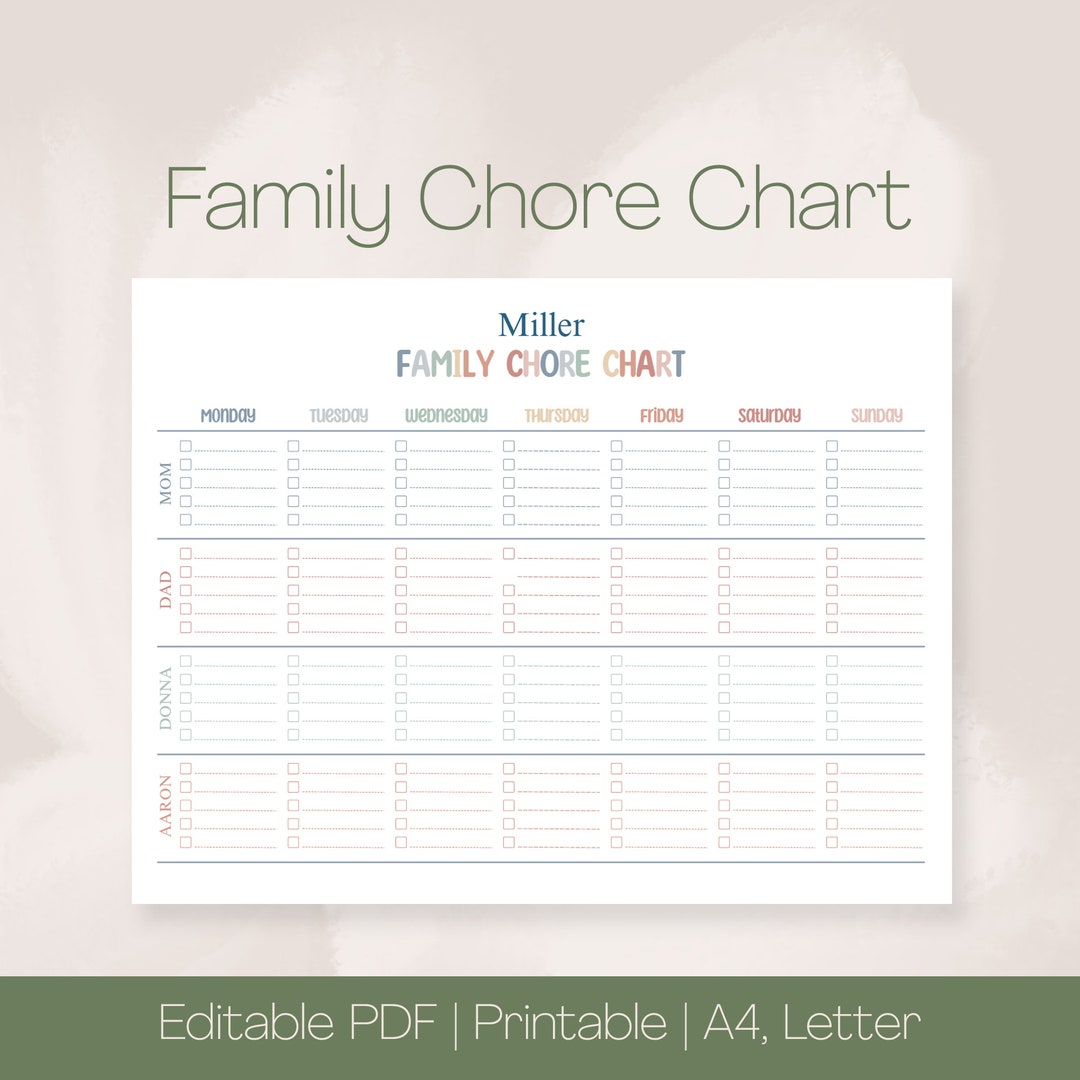Family Chore Chart Printable, Weekly Chore Chart, Instant Download ...