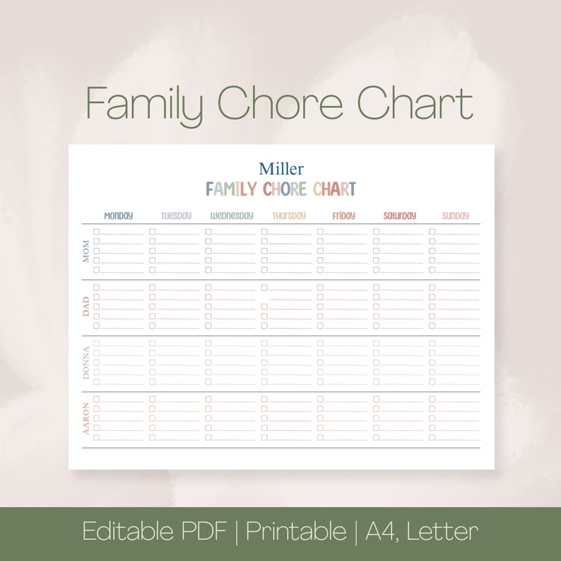 Family Chore Chart Printable, Weekly Chore Chart, Instant Download ...