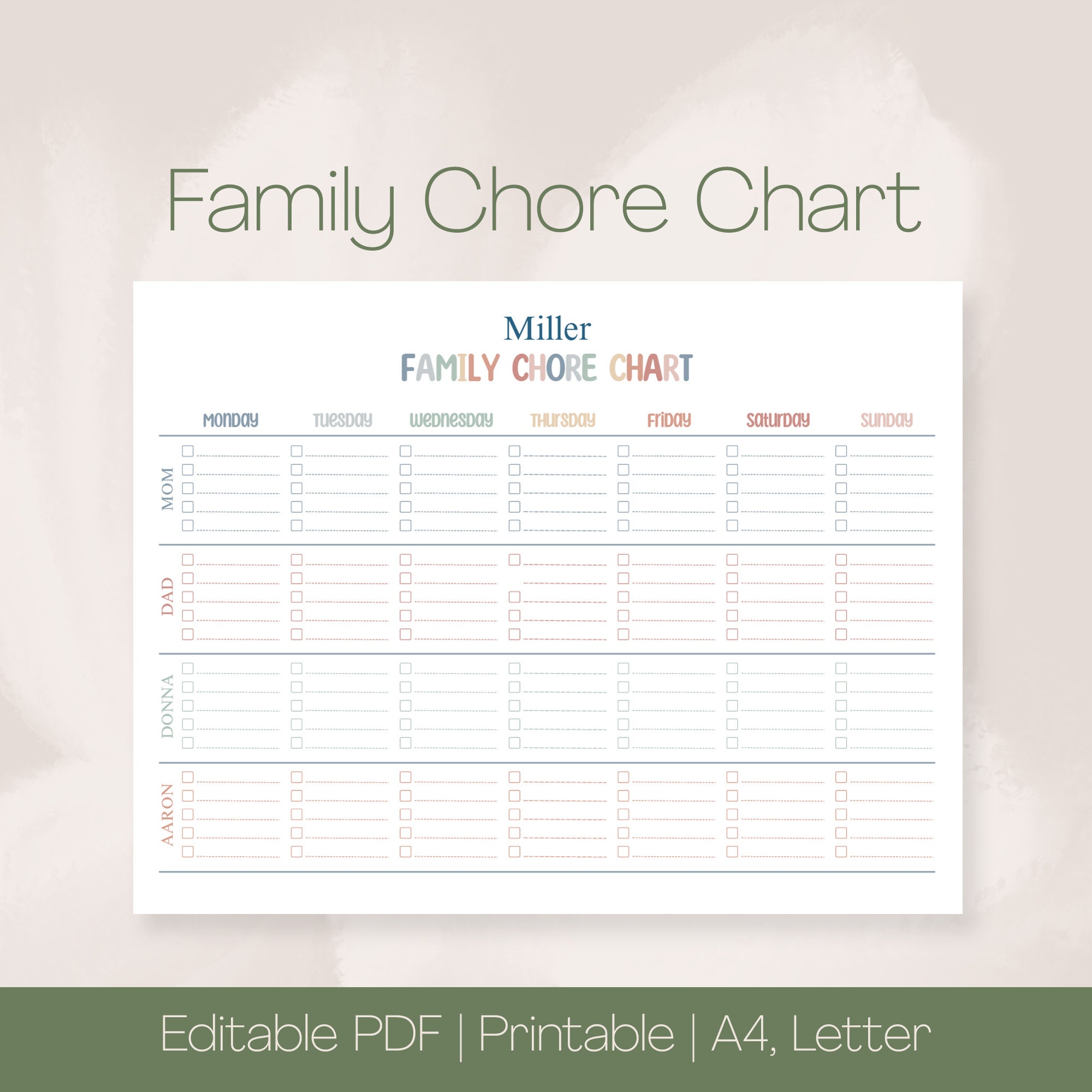 Family Chore Chart Printable, Weekly Chore Chart, Instant Download ...