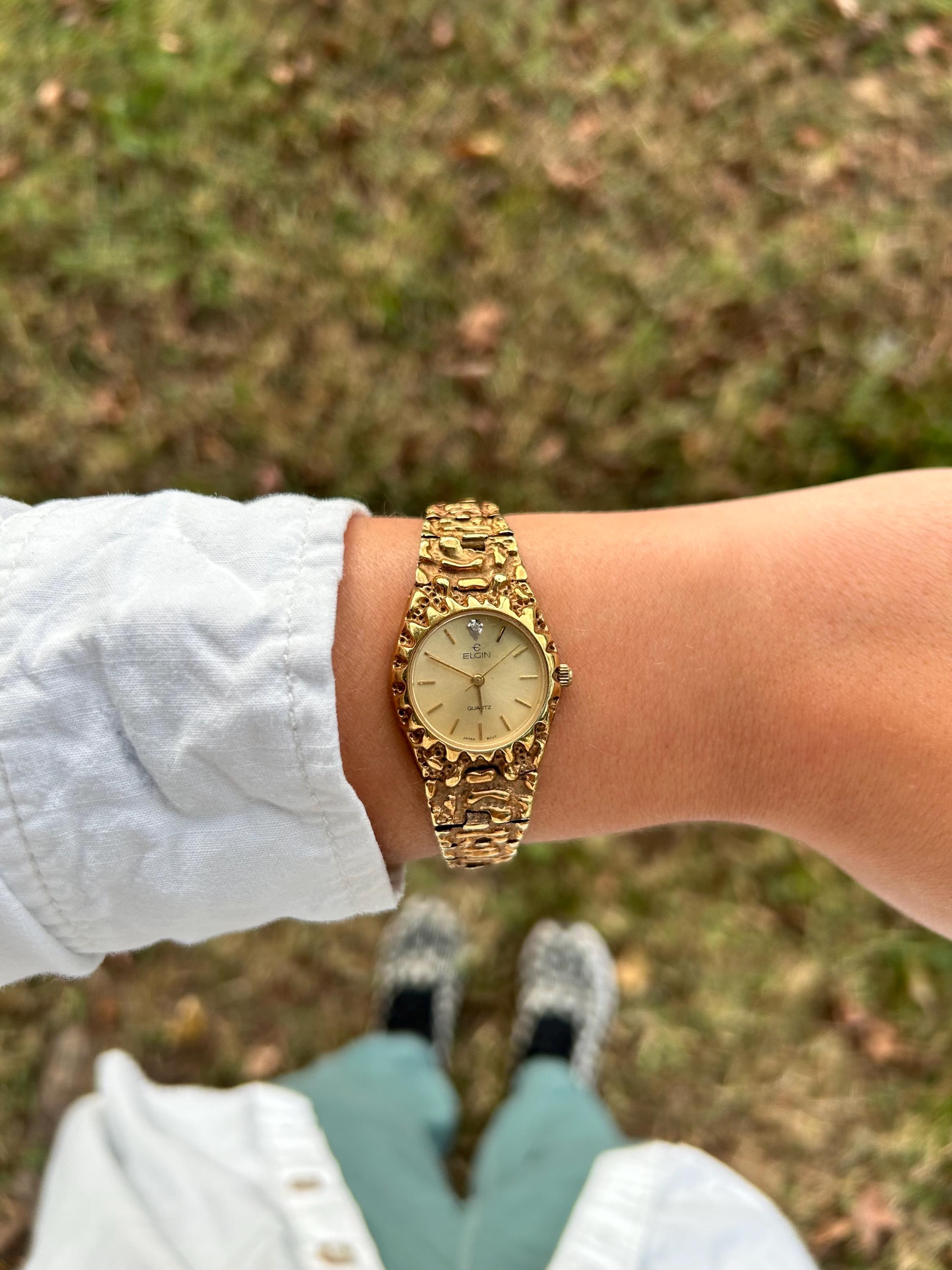 Vintage Elgin Gold Nugget Style Watch Diamond Dial Quartz Watch Gold Nugget Jewelry Elgin Vintage Gold Watch Statement Gold Watch Etsy