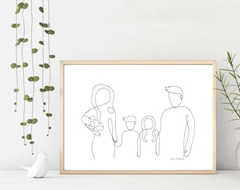 Téléchargement numérique, dessin minimaliste, portrait famille, famille, cadeau