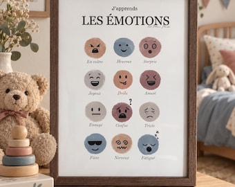 May include: A framed educational poster titled J'apprends LES ÉMOTIONS, featuring twelve circular watercolour-style icons representing various feelings with French labels including En colère, Heureux, Surpris, Joyeux, Drôle, Amusé, Ennuyé, Confus, Triste, Fière, Nerveux, and Fatigué.