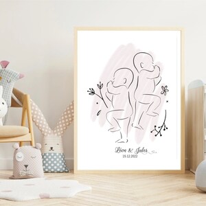 Digital download, minimalist drawing, baby, birth, gift, souvenir, personalized poster, baby painting, twins