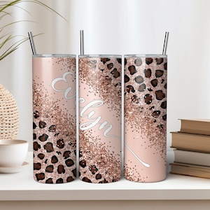 Custom Rose Glitter Cheetah Print Tumbler with Lid & Straw, Leopard Print Glitter Tumbler, Birthday Gift for Her, Personalized Name Tumbler