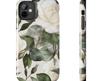 White Rose Tough Phone Case: Floral Impact-Resistant Cover