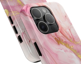 May include: Close-up of two phone cases with a pink marble design and gold accents. The cases have a glossy finish and are designed to fit a smartphone. The cases have cutouts for the camera and buttons.