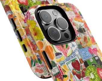 Funda para iPhone con collage de naturaleza, Chica granola vintage, Arte con sellos