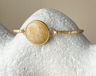 Bangle Bracelet With Butterscotch Amber Stone, Gold Plated Statement Amber Bracelet, Handmade Boho Amber Jewelry - Size 7.5