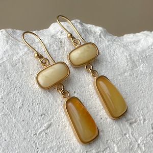 Dangle Amber Earrings – Gold Plated Baltic Amber Drop Earrings – Handmade Long Earrings – Statement Gift for Her