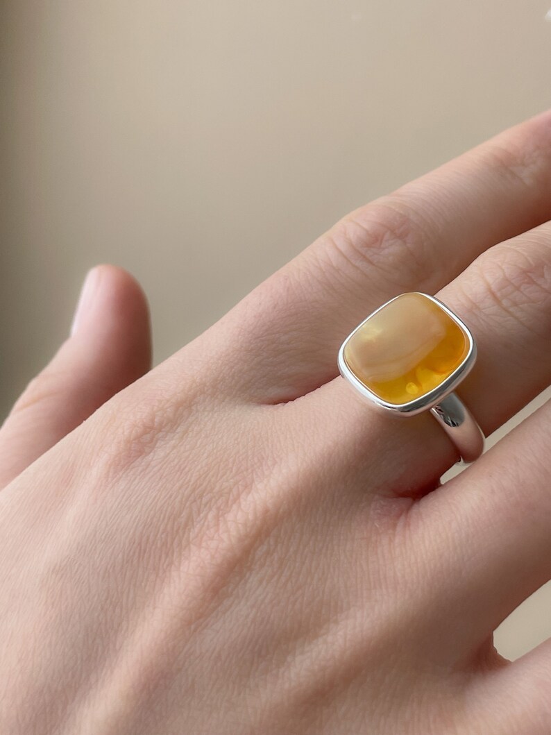Large sterling ring with square amber, size 7