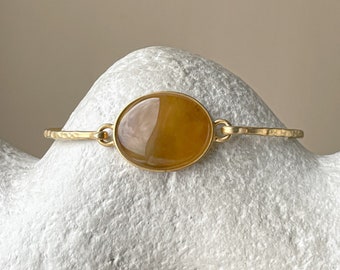 Bangle Bracelet With Honey Amber Stone, Gold Plated Statement Amber Bracelet, Handmade Boho Amber Jewelry - Size 7.1