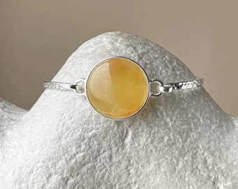 Bangle Bracelet With Matte Amber Stone, Sterling Silver Statement Amber Bracelet, Handmade Boho Amber Jewelry - Size 6.1