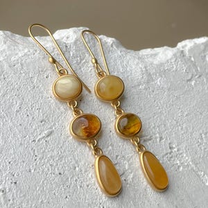 Long Amber Earrings – Gold Plated Baltic Amber Drop Earrings – Handmade Statement Jewelry – Unique Gift for Her