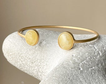 Gold Plated Cuff Bracelet With Natural Amber Stone - Handmade Amber Jewelry - Adjustable Gemstone Boho Bracelet - Size 6.7
