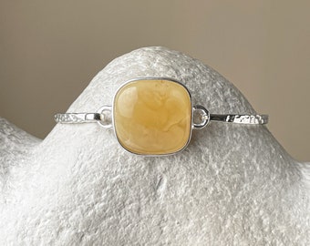 Bangle Bracelet With Matte Amber Stone, Sterling Silver Statement Amber Bracelet, Handmade Boho Amber Jewelry - Size 6.5