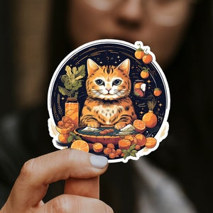 Sticker chat orange avec fruits – Sticker chat en vinyle mignon pour ordinateurs portables, bouteilles d'eau, journaux et amoureux des chats