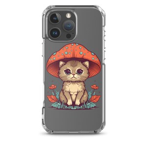 Bonita funda para teléfono con forma de hongo y gato, funda para teléfono con forma de hongo y gato, funda para teléfono con forma de gatito de dibujos animados para iPhone 16, 15, 14, 13, 12 y 11 Pro