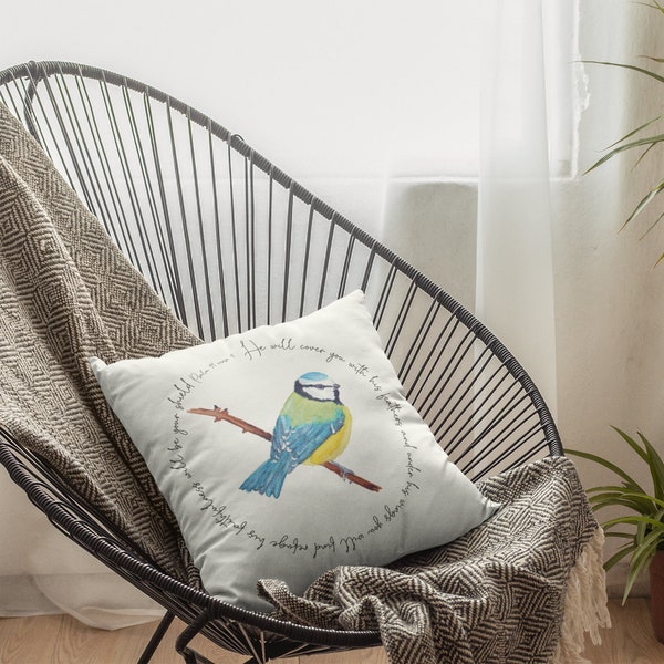 Spun Polyester Square Pillow with  bluetit design and Psalm 91 verse 4  surrounding it. He will cover you with his feathers