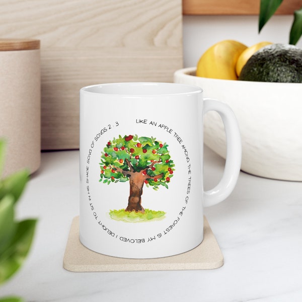 Ceramic bible verse mug(11oz) An apple tree with  Song of Songs 2 verse 3 surrounding it.Christian gift. Religious gift